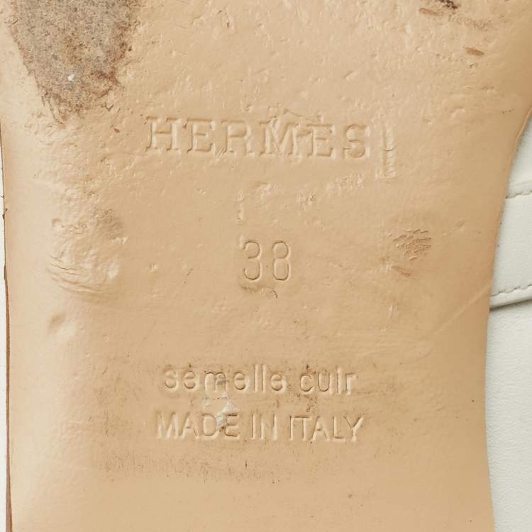 Pre Owned Hermes Oz Size 38 White Leather Flat Mules