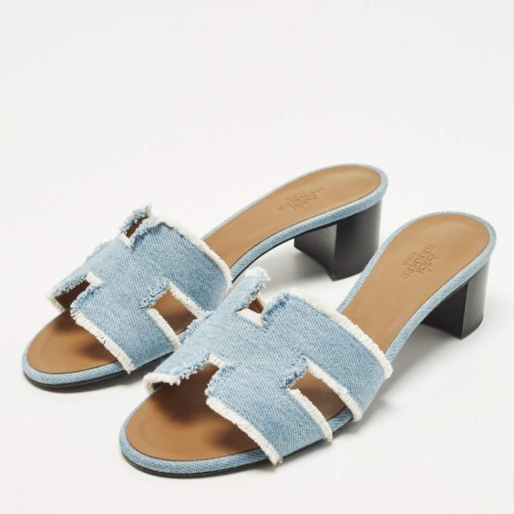 Pre Owned Hermes Oasis Size 36.5 Blue Denim Slide Sandals