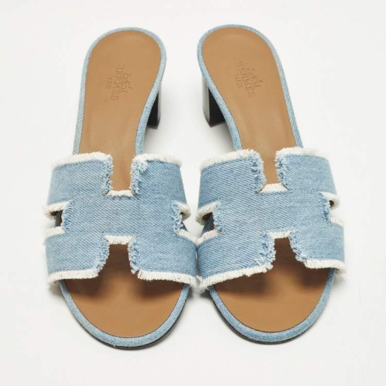 Pre Owned Hermes Oasis Size 36.5 Blue Denim Slide Sandals