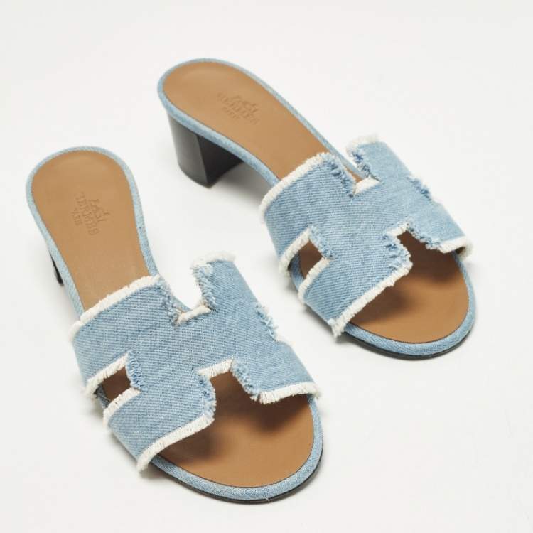 Pre Owned Hermes Oasis Size 36.5 Blue Denim Slide Sandals