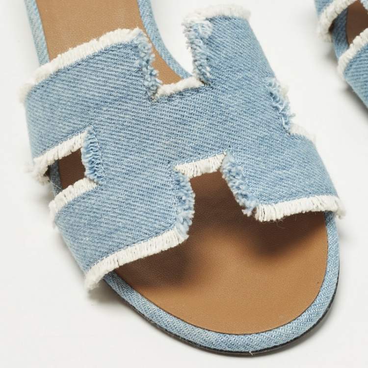Pre Owned Hermes Oasis Size 36.5 Blue Denim Slide Sandals