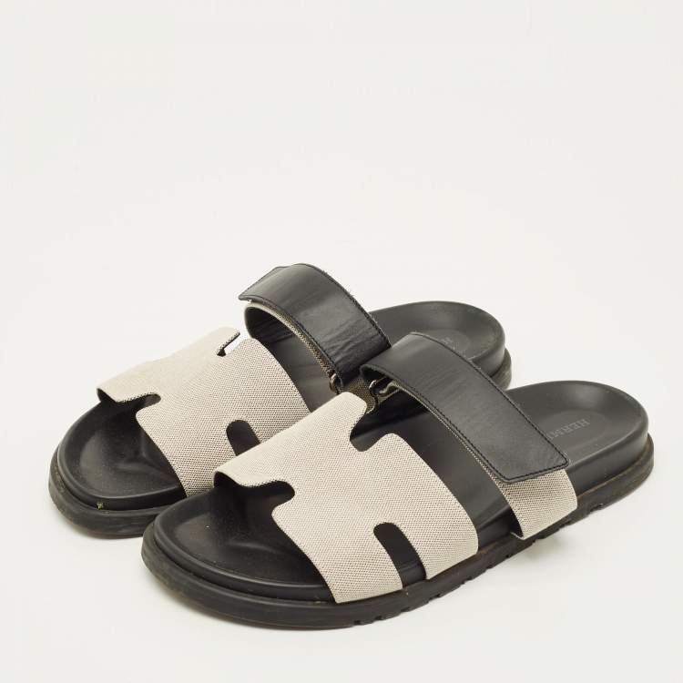 Pre Owned Hermes Chypre Size 42.5 Black/White Canvas and Leather Flat Sandals