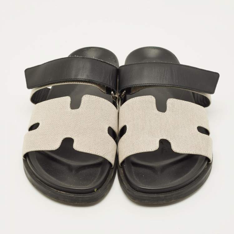 Pre Owned Hermes Chypre Size 42.5 Black/White Canvas and Leather Flat Sandals