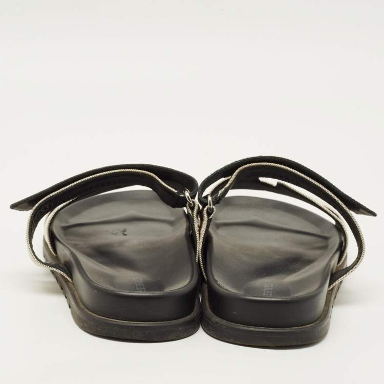Pre Owned Hermes Chypre Size 42.5 Black/White Canvas and Leather Flat Sandals