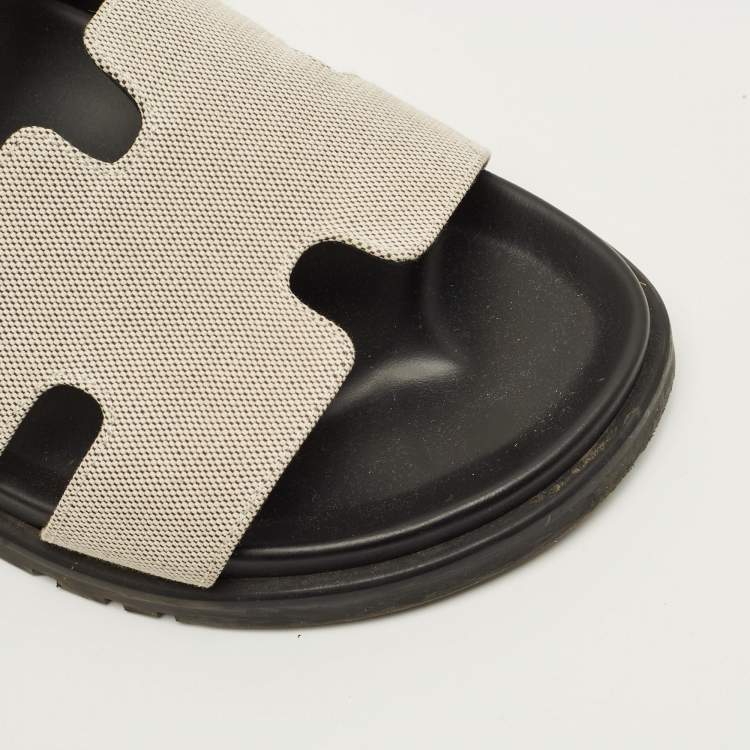 Pre Owned Hermes Chypre Size 42.5 Black/White Canvas and Leather Flat Sandals