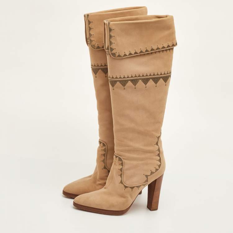 Pre Owned Hermes Size 36.5 Beige Nubuck Leather Embroidered Knee Length Boots