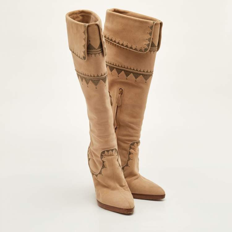 Pre Owned Hermes Size 36.5 Beige Nubuck Leather Embroidered Knee Length Boots