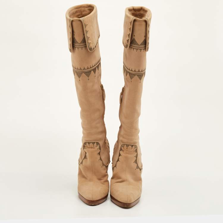 Pre Owned Hermes Size 36.5 Beige Nubuck Leather Embroidered Knee Length Boots