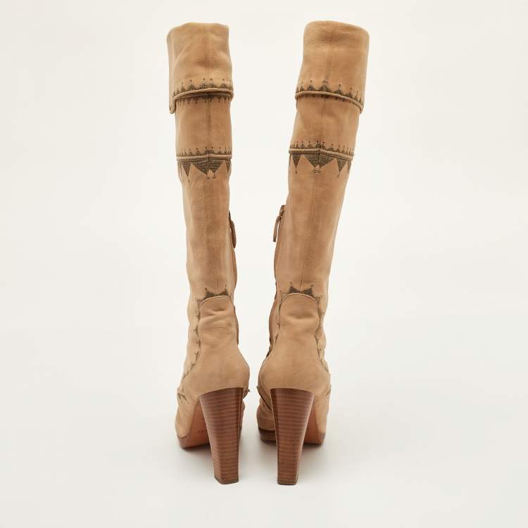 Pre Owned Hermes Size 36.5 Beige Nubuck Leather Embroidered Knee Length Boots