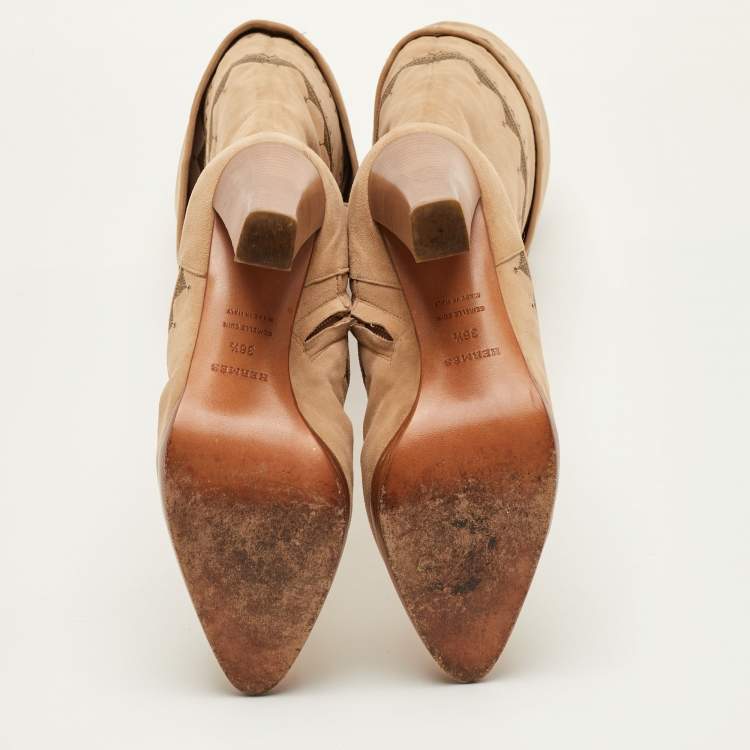 Pre Owned Hermes Size 36.5 Beige Nubuck Leather Embroidered Knee Length Boots