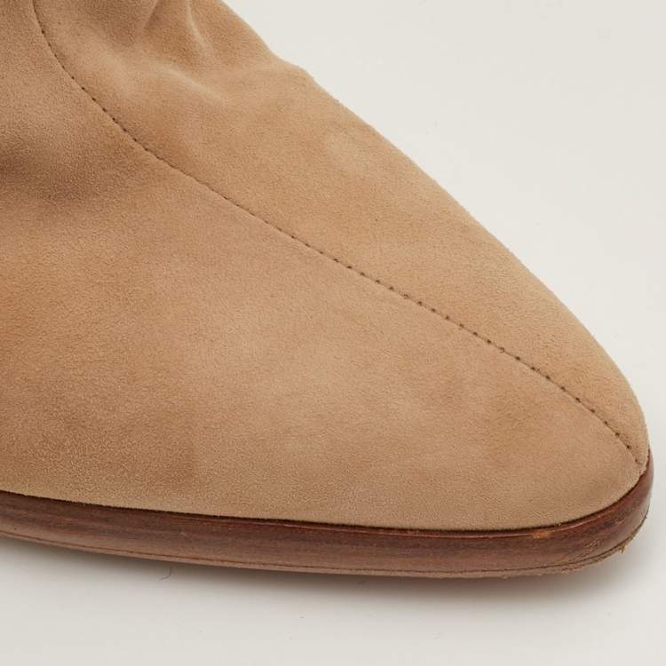 Pre Owned Hermes Size 36.5 Beige Nubuck Leather Embroidered Knee Length Boots