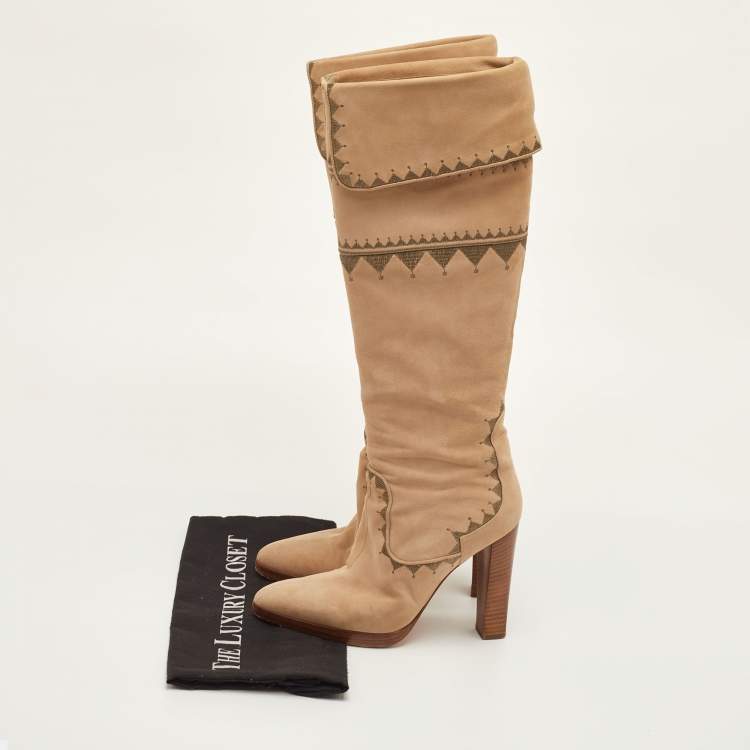 Pre Owned Hermes Size 36.5 Beige Nubuck Leather Embroidered Knee Length Boots