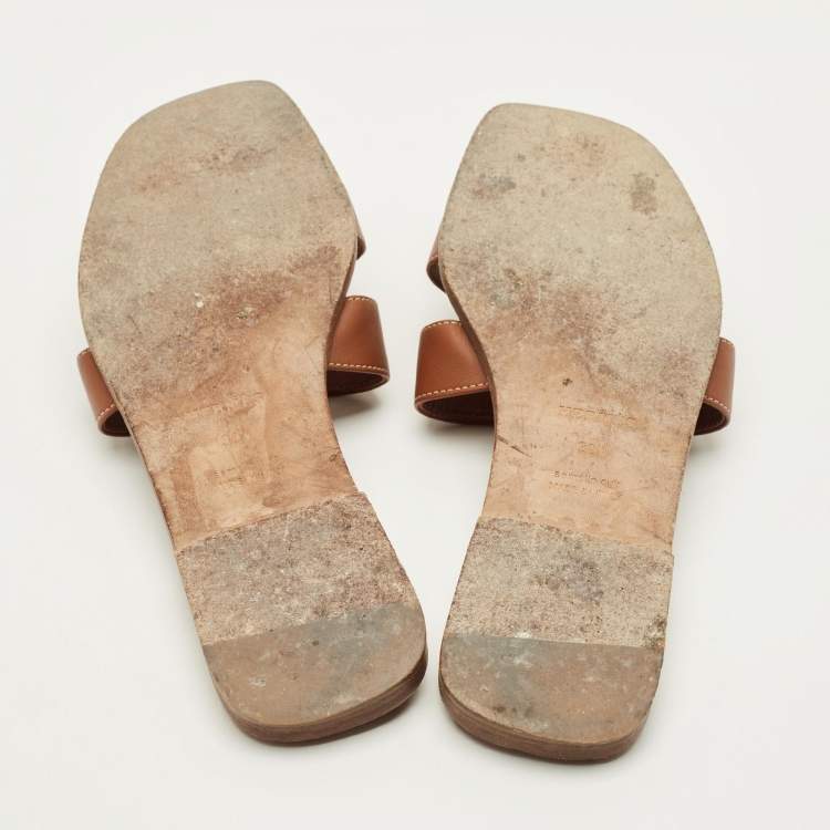 Pre Owned Hermes Oran Size 39.5 Brown Leather Flat Slide