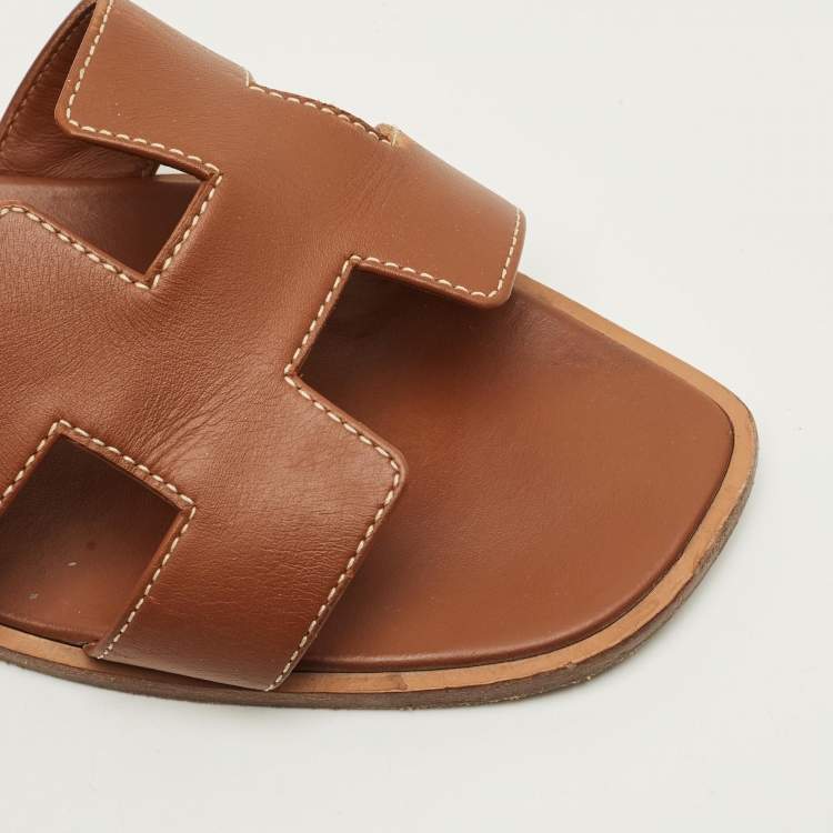 Pre Owned Hermes Oran Size 39.5 Brown Leather Flat Slide