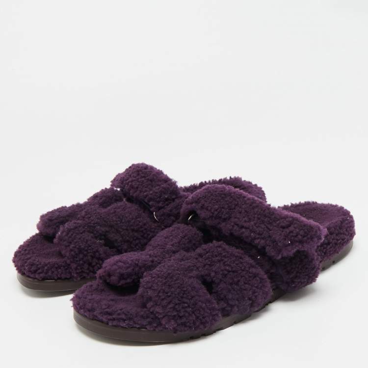 Pre Owned Hermes Chypre Size 42 Purple Shearling Fur Flat Slide