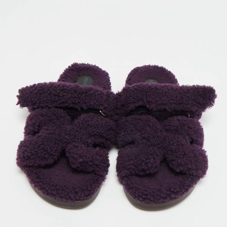 Pre Owned Hermes Chypre Size 42 Purple Shearling Fur Flat Slide
