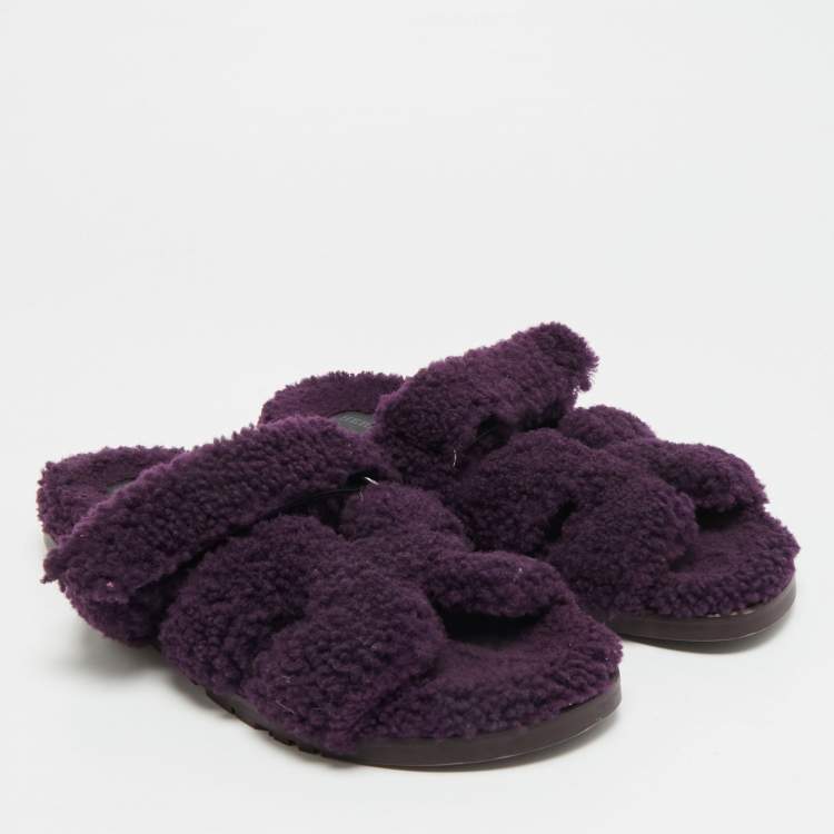 Pre Owned Hermes Chypre Size 42 Purple Shearling Fur Flat Slide