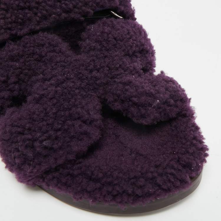 Pre Owned Hermes Chypre Size 42 Purple Shearling Fur Flat Slide