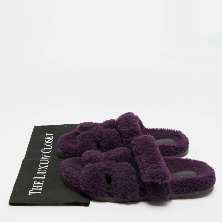 Pre Owned Hermes Chypre Size 42 Purple Shearling Fur Flat Slide