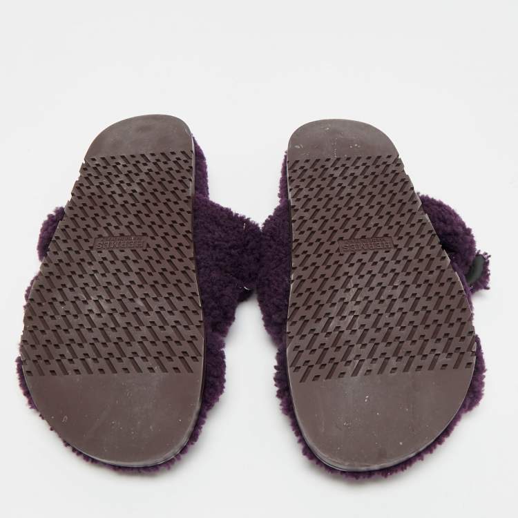 Pre Owned Hermes Chypre Size 42 Purple Shearling Fur Flat Slide