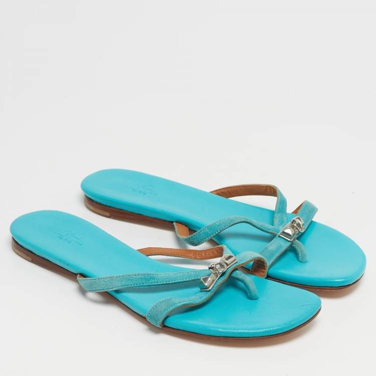 مملوكة مسبقًا Hermes Corfu Size 38 Blue Suede Thong Flatsb Slide 
