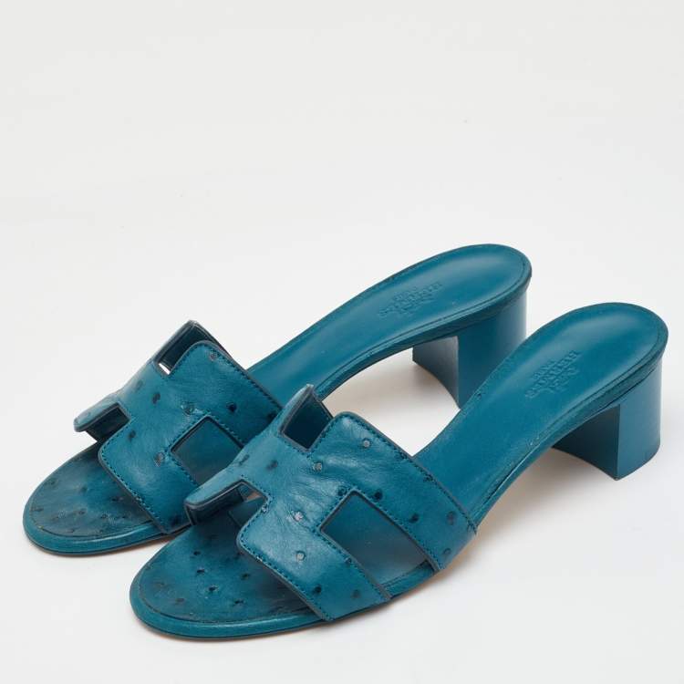 Pre Owned Hermes Oasis Size 37 Blue Ostrich Leather Slide Sandals