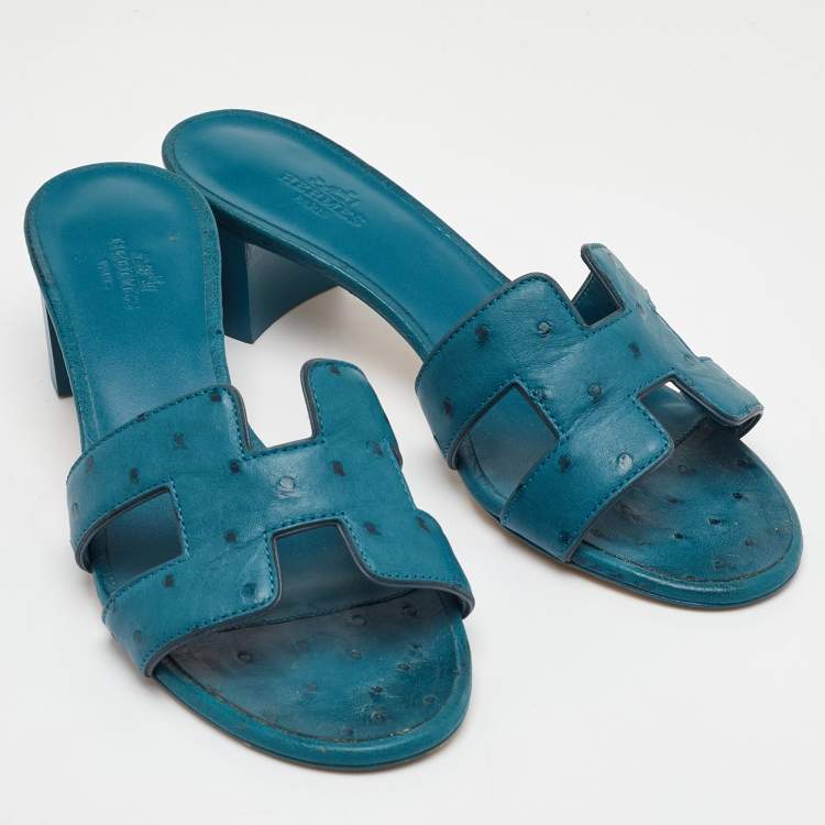 Pre Owned Hermes Oasis Size 37 Blue Ostrich Leather Slide Sandals