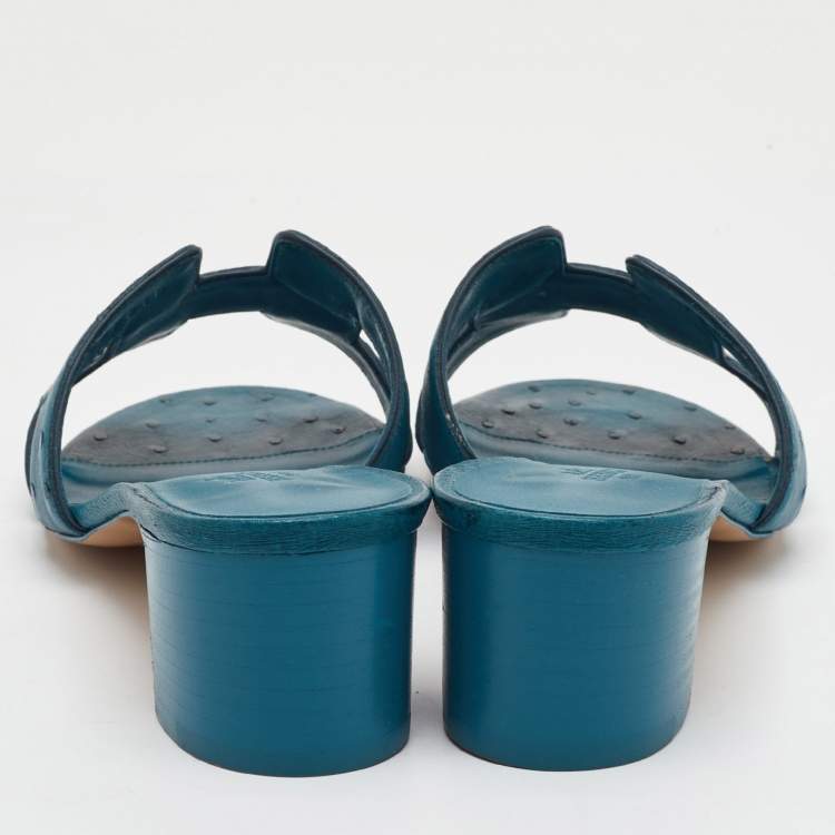 Pre Owned Hermes Oasis Size 37 Blue Ostrich Leather Slide Sandals