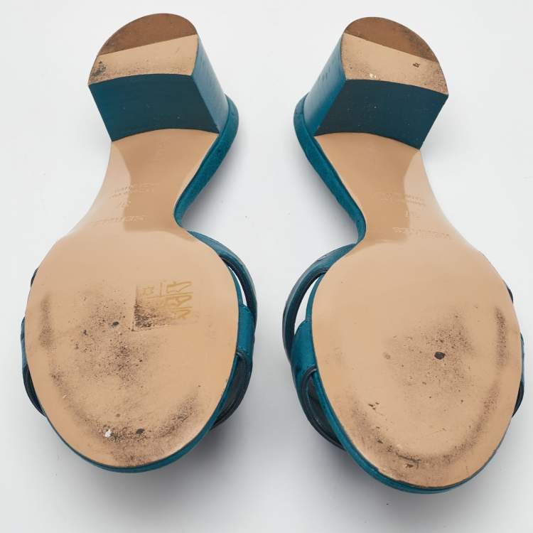 Pre Owned Hermes Oasis Size 37 Blue Ostrich Leather Slide Sandals