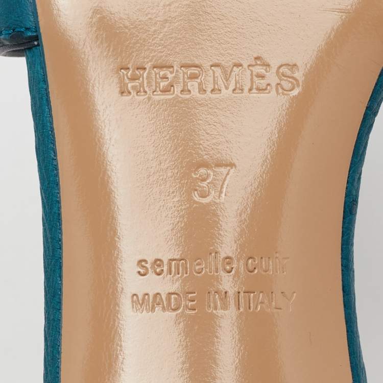 Pre Owned Hermes Oasis Size 37 Blue Ostrich Leather Slide Sandals