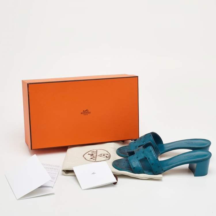 Pre Owned Hermes Oasis Size 37 Blue Ostrich Leather Slide Sandals