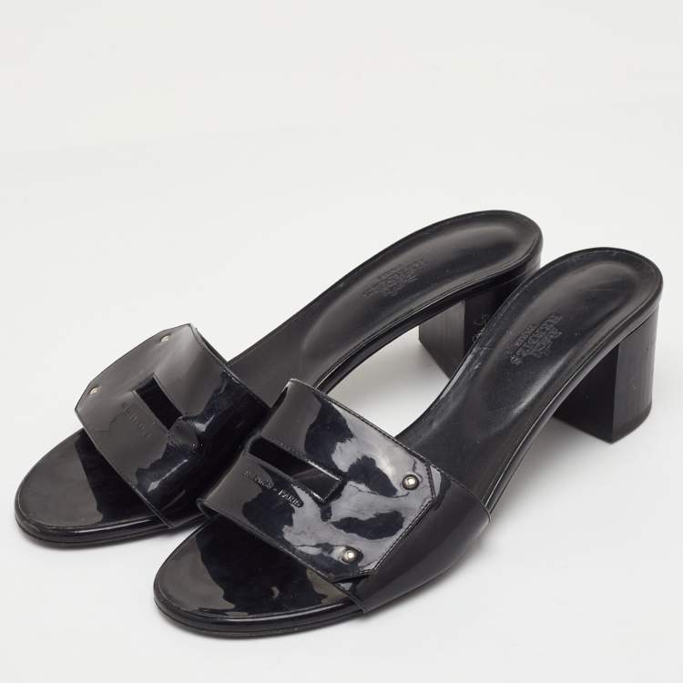 Pre Owned Hermes View Size 39.5 Black Patent Leather Slide Sandals