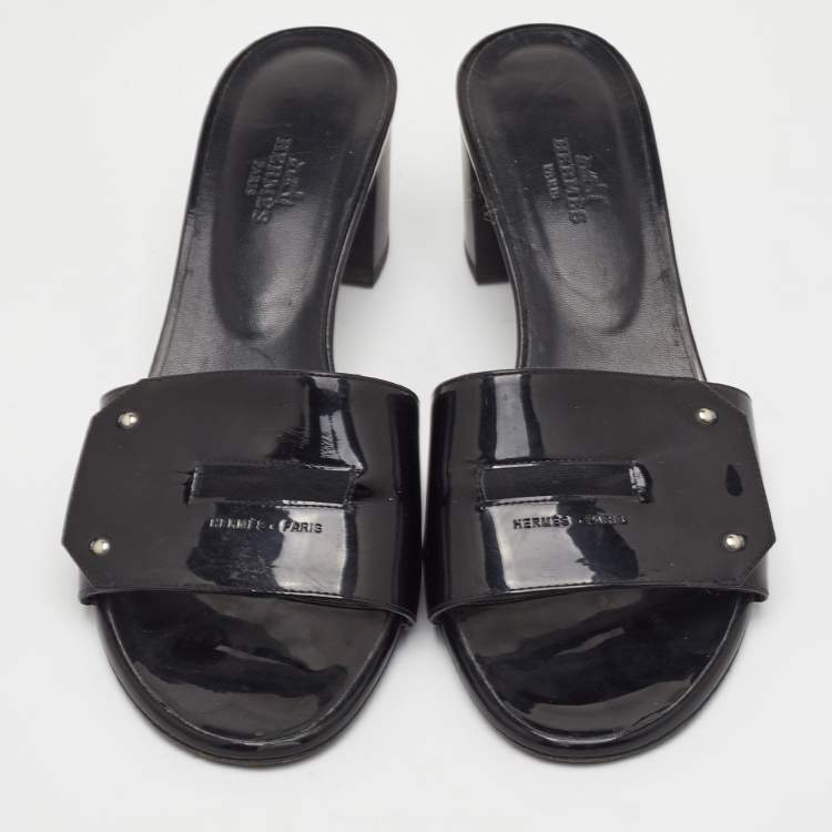 Pre Owned Hermes View Size 39.5 Black Patent Leather Slide Sandals