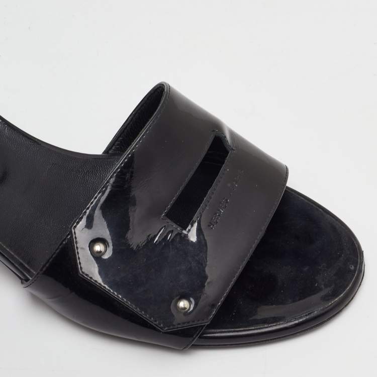 Pre Owned Hermes View Size 39.5 Black Patent Leather Slide Sandals