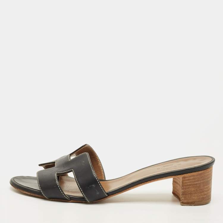 Pre Owned Hermes Oasis Size 39 Black Leather Slide Sandals