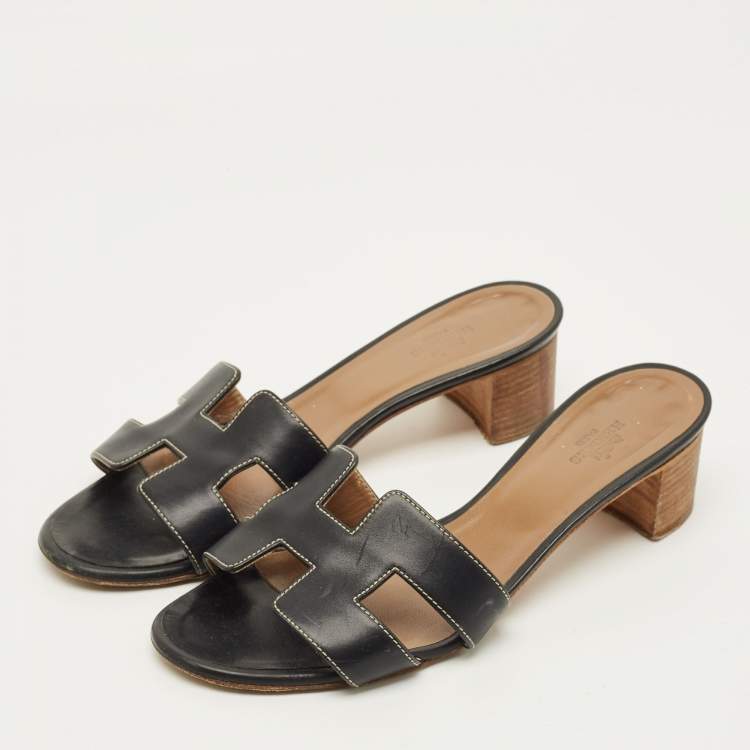Pre Owned Hermes Oasis Size 39 Black Leather Slide Sandals