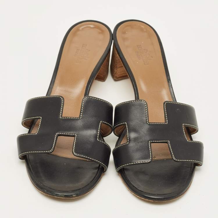 Pre Owned Hermes Oasis Size 39 Black Leather Slide Sandals
