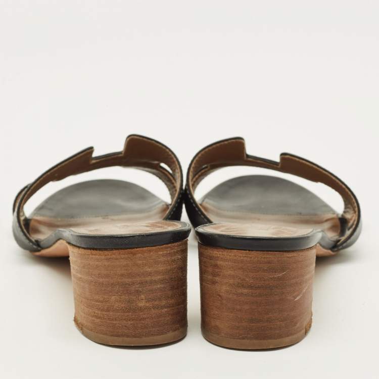 Pre Owned Hermes Oasis Size 39 Black Leather Slide Sandals