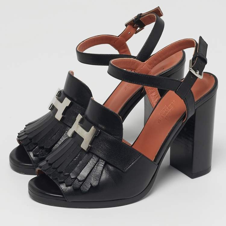 Pre Owned Hermes Alesia Size 36 Black Leather Fringe Ankle Strap Sandals
