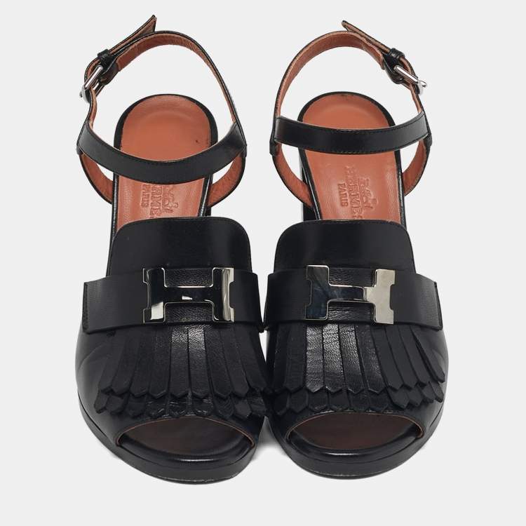 Pre Owned Hermes Alesia Size 36 Black Leather Fringe Ankle Strap Sandals