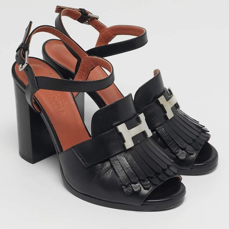 Pre Owned Hermes Alesia Size 36 Black Leather Fringe Ankle Strap Sandals