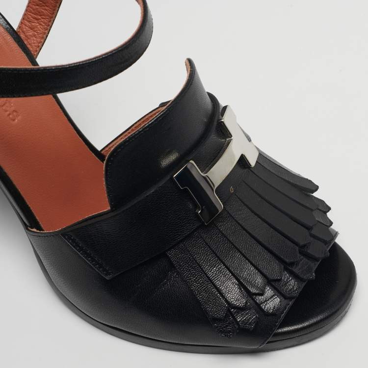 Pre Owned Hermes Alesia Size 36 Black Leather Fringe Ankle Strap Sandals