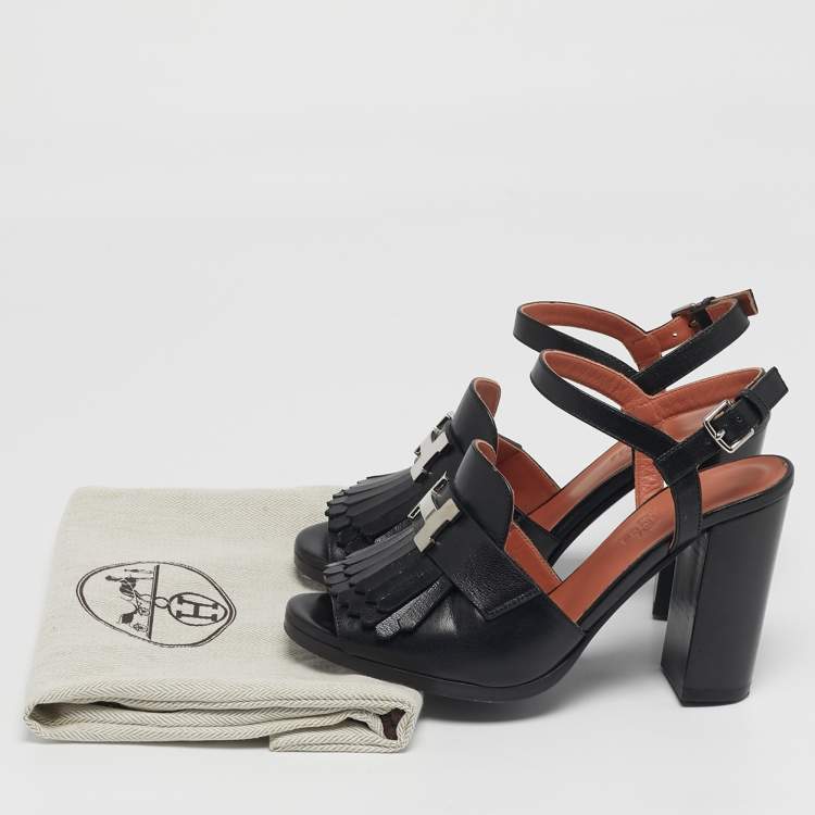 Pre Owned Hermes Alesia Size 36 Black Leather Fringe Ankle Strap Sandals