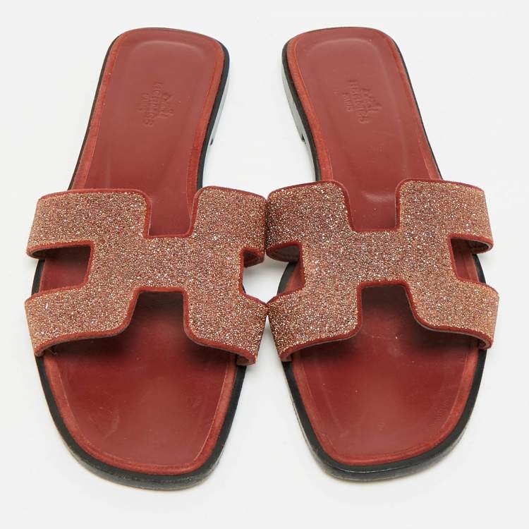 Pre Owned Hermes Oran Size 40 Burgundy Texture Suede Flat Slide