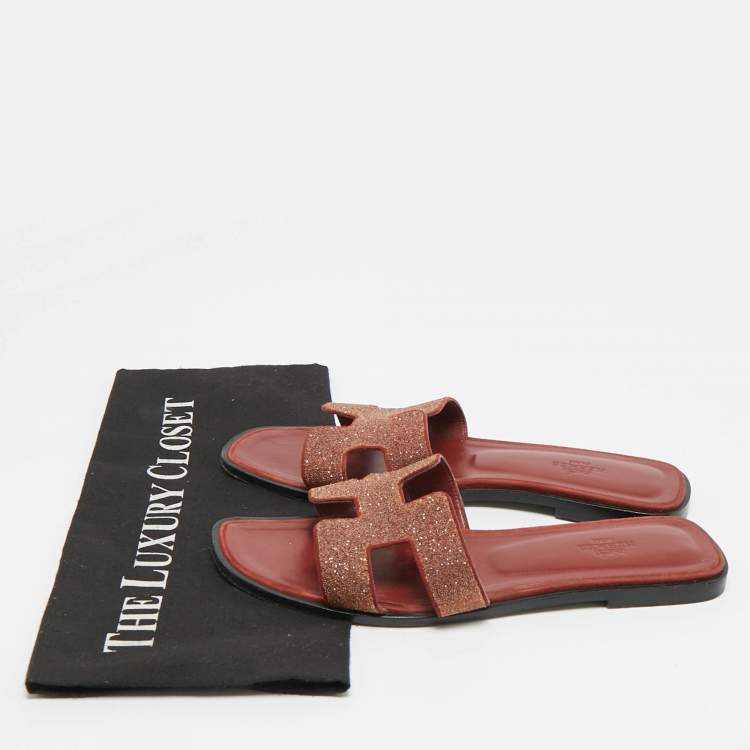 Pre Owned Hermes Oran Size 40 Burgundy Texture Suede Flat Slide