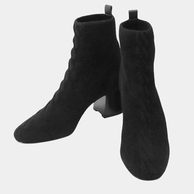 Pre Owned Hermes Jenna Short Boots Black Knit Schnee Calf Leather Size 37