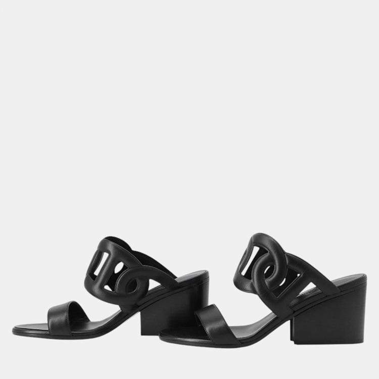 Pre Owned Hermes Lipari Sandals 70 Black Leather Size 38 1/2