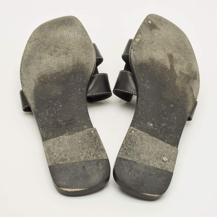 Pre Owned Hermes Oran Size 39 Black Leather Flat Slide