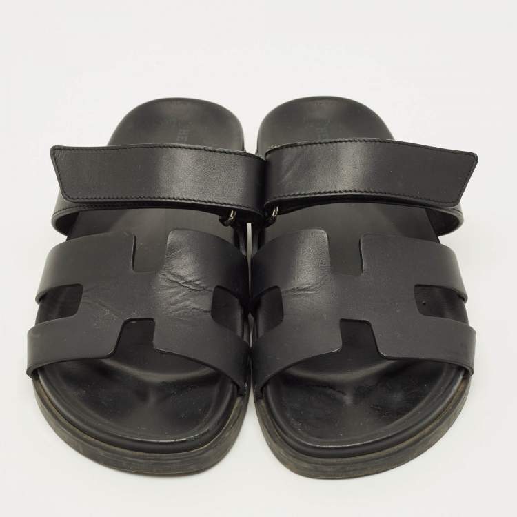 مملوكة مسبقًا Hermes Chypre Size 38 Black Leather Slide Sandals