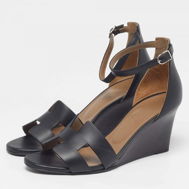 Pre Owned Hermes Legend Size 37.5 Black Leather Wedge Ankle Strap Sandals